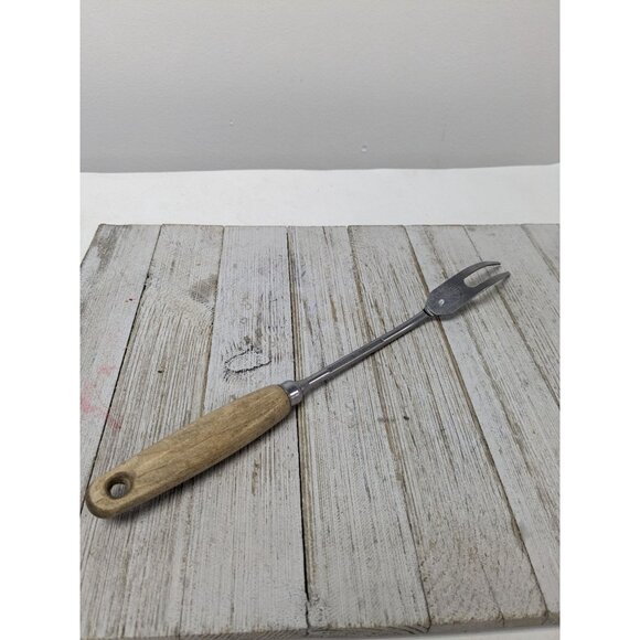 Vintage EKCO Eterna Meat Utility Fork Tan Wood Handle 12 1/2" Stainless Steel - Picture 4 of 7